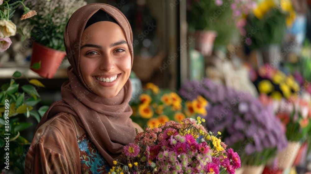 a smiling woman wearing a hijab, dressed in modest, holding a bouquet of flowers, stylish clothing
