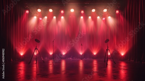 A stage illuminated by red lights and spotlights, creating a vibrant and dramatic atmosphere for performances. photo