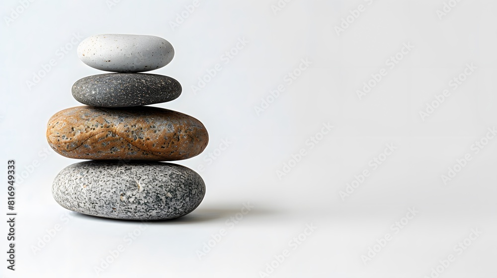 A stack of smooth stones balanced on top of each other, symbolizing balance and tranquility. Web banner with empty space. 
