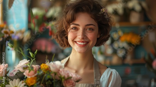 a smiling woman with a pixie cut and rosy skin tone  holding a bouquet of flowers  wearing a white apron  The flower shop has a chic  upscale look with elegantly arranged flowers