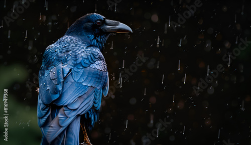 A blue bird is perched on a branch in the rain. The bird is looking up at the camera, seemingly curious about its surroundings. The rain creates a moody atmosphere. Generative AI