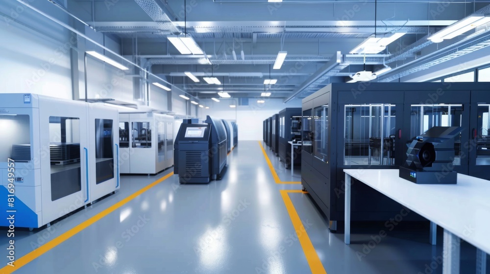 Obraz premium Create an image of a 3D printing facility producing spare parts on-demand for maintenance and repair operations, with additive manufacturing technology reducing lead times and inventory 