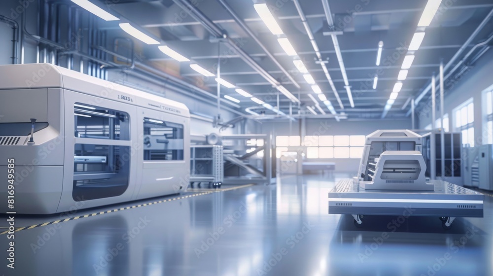Create an image of a 3D printing facility producing spare parts on-demand for maintenance and repair operations, with additive manufacturing technology reducing lead times and inventory costs Create an image of a 3D printing facility producing spare parts on-demand for maintenance and repair operations, with additive manufacturing technology reducing lead times and inventory costs
