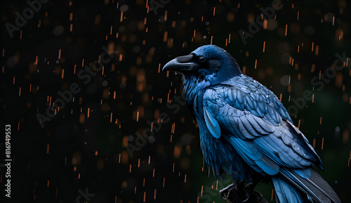 A blue bird is perched on a branch in the rain. The bird is looking up at the camera, seemingly curious about its surroundings. The rain creates a moody atmosphere. Generative AI photo