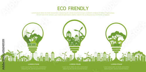 Eco friendly banner concept, a light bulb shape with city and forest, energy save the planet concept, green illustration.
