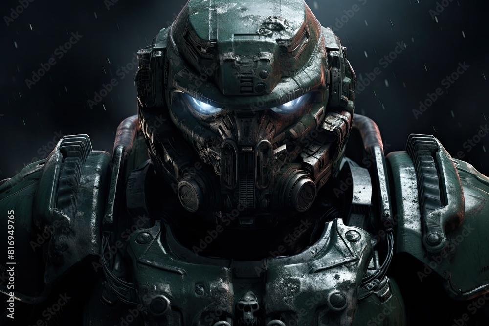 A man in a suit wearing a helmet, ready for combat or protection in futuristic armor. Generative AI A man in a suit wearing a helmet, ready for combat or protection in futuristic armor. Generative AI