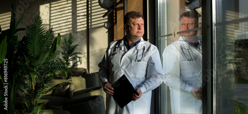 Night duty: stories from the shadows of hospital corridors, blond adult doctor stands near the window.