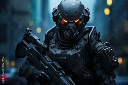 A man in futuristic armor holds a rifle, ready for action in a technologically advanced setting. Generative AI