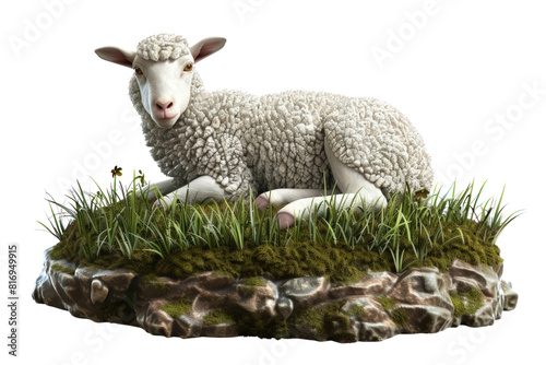 A sheep is laying on a grassy hillside, illustrations, clipart, isolated on a transparent background.