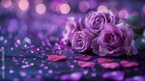 Fototapeta Naklejka Na Ścianę i Meble -  purple roses and purple hearts on purple background with bokeh lights, love wallpaper, purple flowers, purple valentine's day design, purple rose background.

