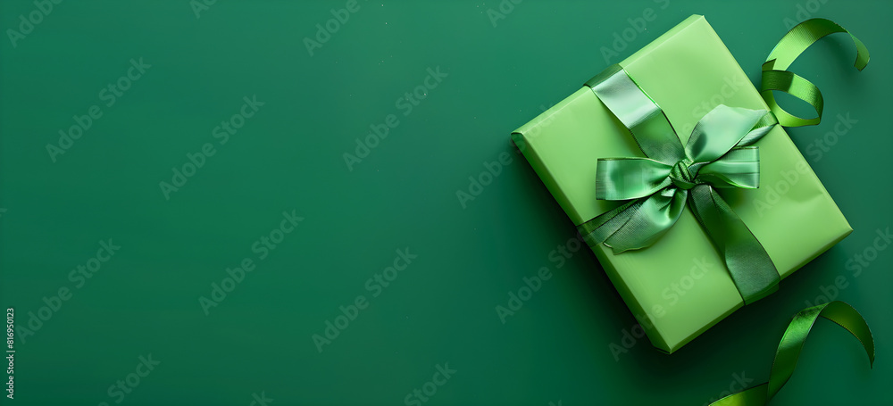 Banner with green gift box for man and boy isolated on green background, suitable for holidays and special occasions. Flat lay with copy space. Banner with green gift box for man and boy isolated on green background, suitable for holidays and special occasions. Flat lay with copy space.