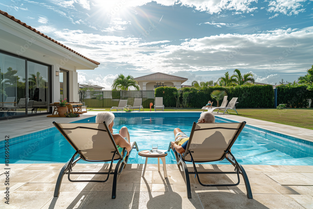 Fototapeta premium blissful retirement living, a cheerful senior couple enjoying a leisurely day by the swimming pool in their backyard vacation home. With comfortable lounge chairs, they savor the o