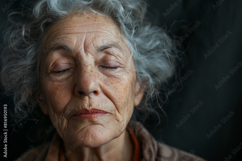 A woman with grey hair and wrinkles is sitting with her eyes closed A woman with grey hair and wrinkles is sitting with her eyes closed