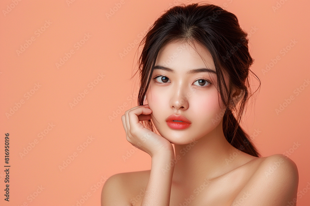A woman with long black hair and a red lip is looking at the camera A woman with long black hair and a red lip is looking at the camera
