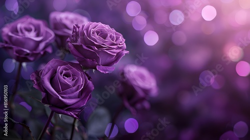 purple roses and purple hearts on purple background with bokeh lights, love wallpaper, purple flowers, purple valentine's day design, purple rose background.
