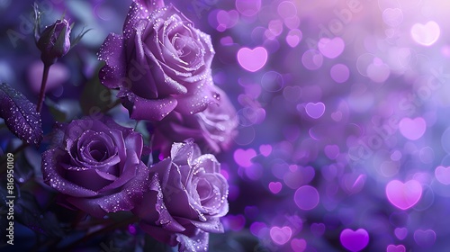 Fototapeta Naklejka Na Ścianę i Meble -  purple roses and purple hearts on purple background with bokeh lights, love wallpaper, purple flowers, purple valentine's day design, purple rose background.
