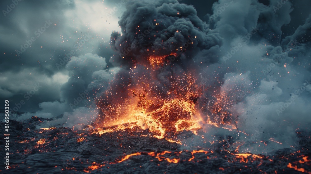 Memorial Day tribute scene with erupting lava and smoke, capturing the fiery essence of sacrifice made by the military for freedom Memorial Day tribute scene with erupting lava and smoke, capturing the fiery essence of sacrifice made by the military for freedom
