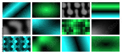 Dithering pixel art pattern. Abstract digital dither backgrounds, pixelated gradient transitions wallpaper vector set