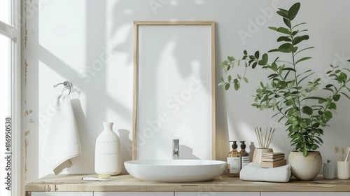 Serene Bathroom Retreat with Spa like Decor Elements and Blank Poster Frame description This image showcases a serene and tranquil bathroom retreat