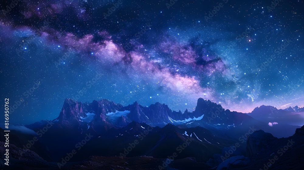 Starry night sky over mountains with Milky Way galaxy, panoramic view. creating an aweinspiring panorama that captures cosmic wonder. 
