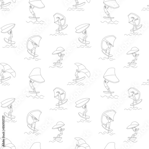 Seamless pattern with wing foiling people in line style. Vector  illustration on the white background. 