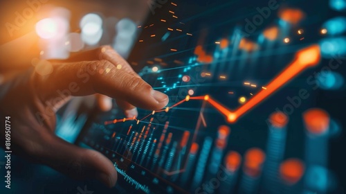 Intimate view of a hand gesturing towards an upward arrow on a graph, representing a corporate growth roadmap, focused and clear photo