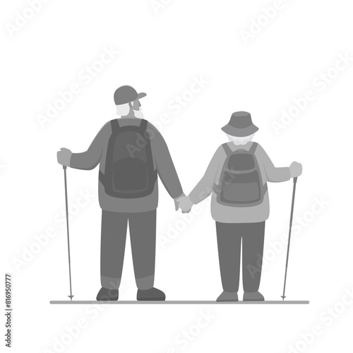 Senior man and woman with backpacks and hiking poles are standing. Back view. Vector isolated grayscale illustration in flat style.