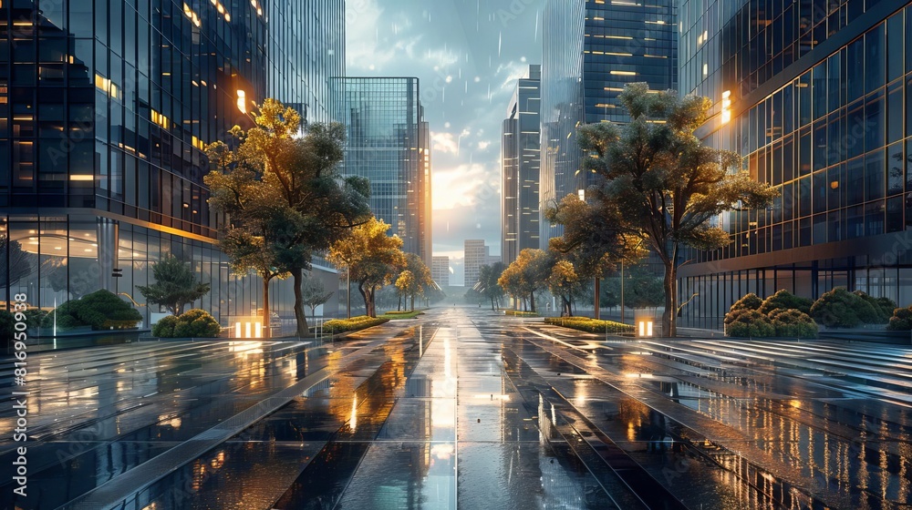 Business district with LEEDcertified buildings, emphasizing corporate sustainability, realistic digital art Business district with LEEDcertified buildings, emphasizing corporate sustainability, realistic digital art