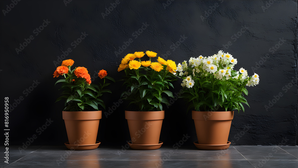 Fototapeta premium four flower pots with flowers on a gray background.