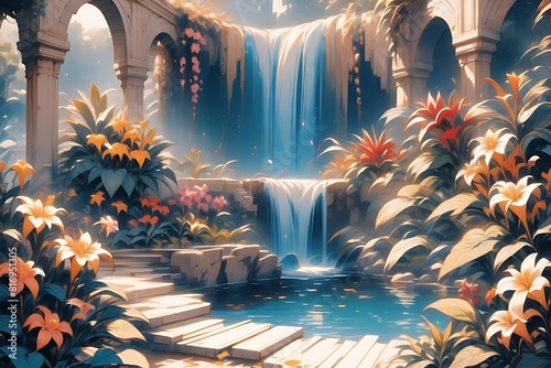 アニメ風景：色とりどりな花々に囲まれたクリアなプールに流れ込む滝 photo