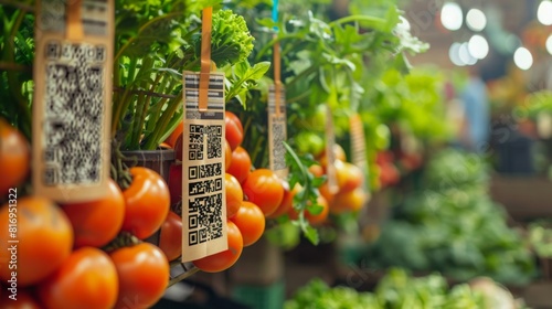 Illustrate blockchain technology being used to trace the origin of food products from farm to table, with QR codes linking to digital records detailing production methods and quality standards photo