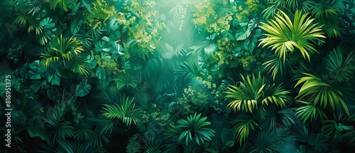 Aerial view of a lush rainforest  dense green canopy  abstract interpretation  vibrant  digital painting