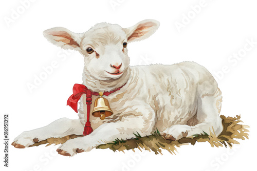 A white lamb with a bell around its neck is laying on the ground, illustrations, clipart, isolated on a transparent background. © peerasak