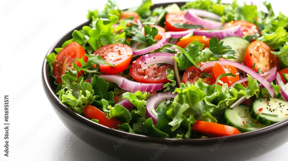 Fresh salad tomatoes, cucumbers, red onion, lettuce, parsley, sesame seeds isolated on white background Fresh salad tomatoes, cucumbers, red onion, lettuce, parsley, sesame seeds isolated on white background