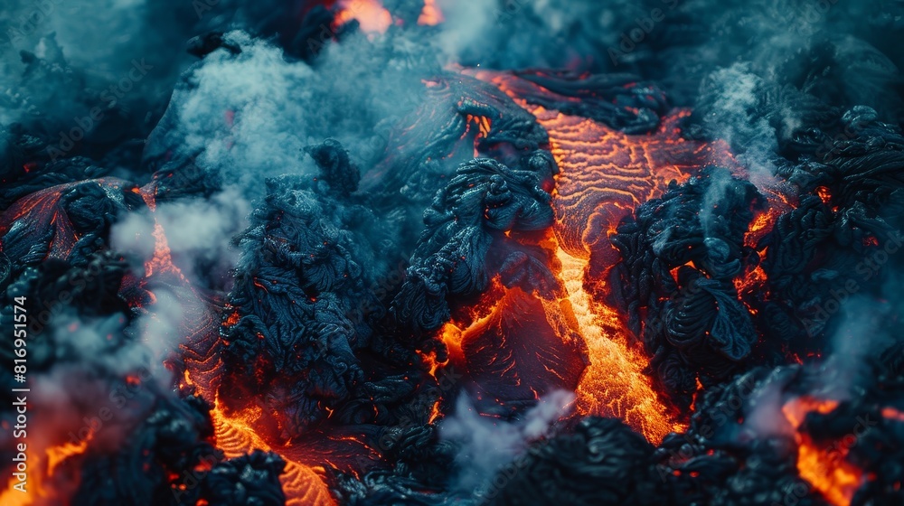 Fototapeta premium Intense close-up of lava eruptions and swirling smoke as metaphors for the chaos of overspending, set against a dark isolated background