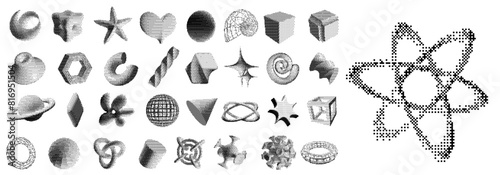 Dithering pixel art 3D shapes. Geometric and organic forms and figures with pixelated shading dotted texture. Abstract elements vector set