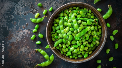 Top view edamame salad fresh green soybeans in bowl photo