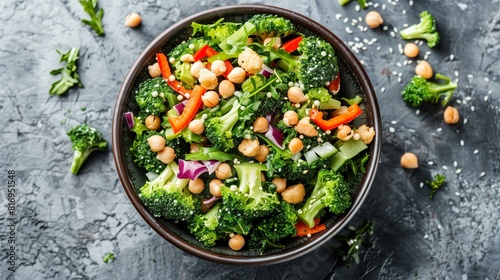Top view delicious healthy broccoli crunch salad chickpeas, red onion, bell pepper, croutons sesame seeds in brown bowl on gray concrete background