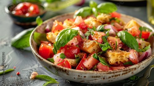 Panzanella salad refreshing flavorful salad made tomatoes, cucumbers, onions, basil, bread cubes soaked in vinegar olive oil photo
