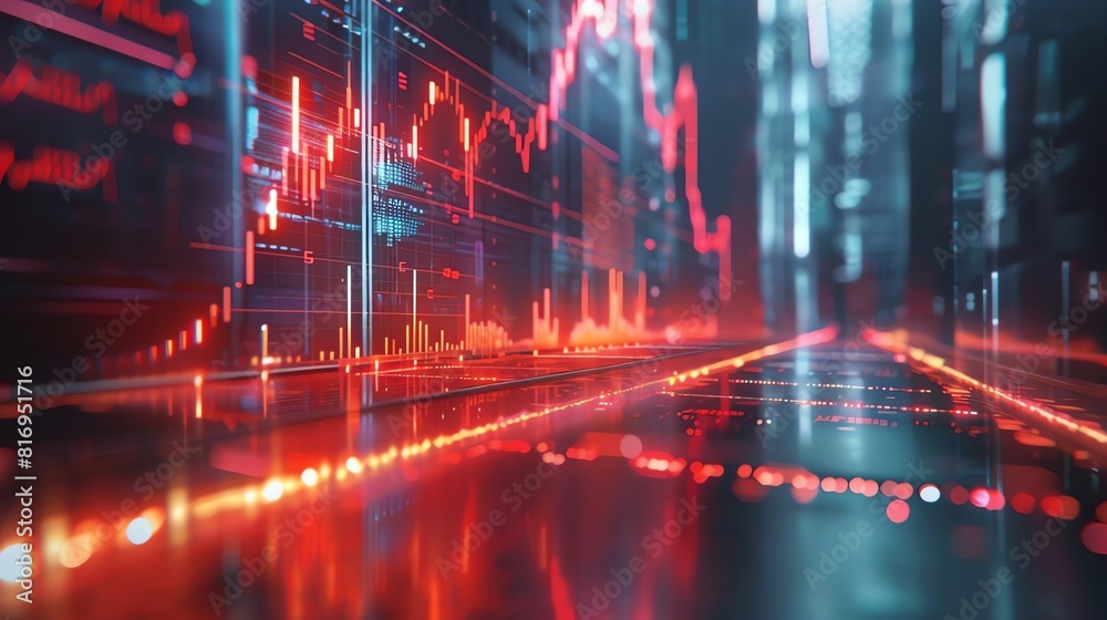 Fototapeta premium Failure Forecast Present a 3D holographic projection of a downward trendline, indicating a failing business metric in a futuristic setting, where predictive technology attempts to anticipate and preve