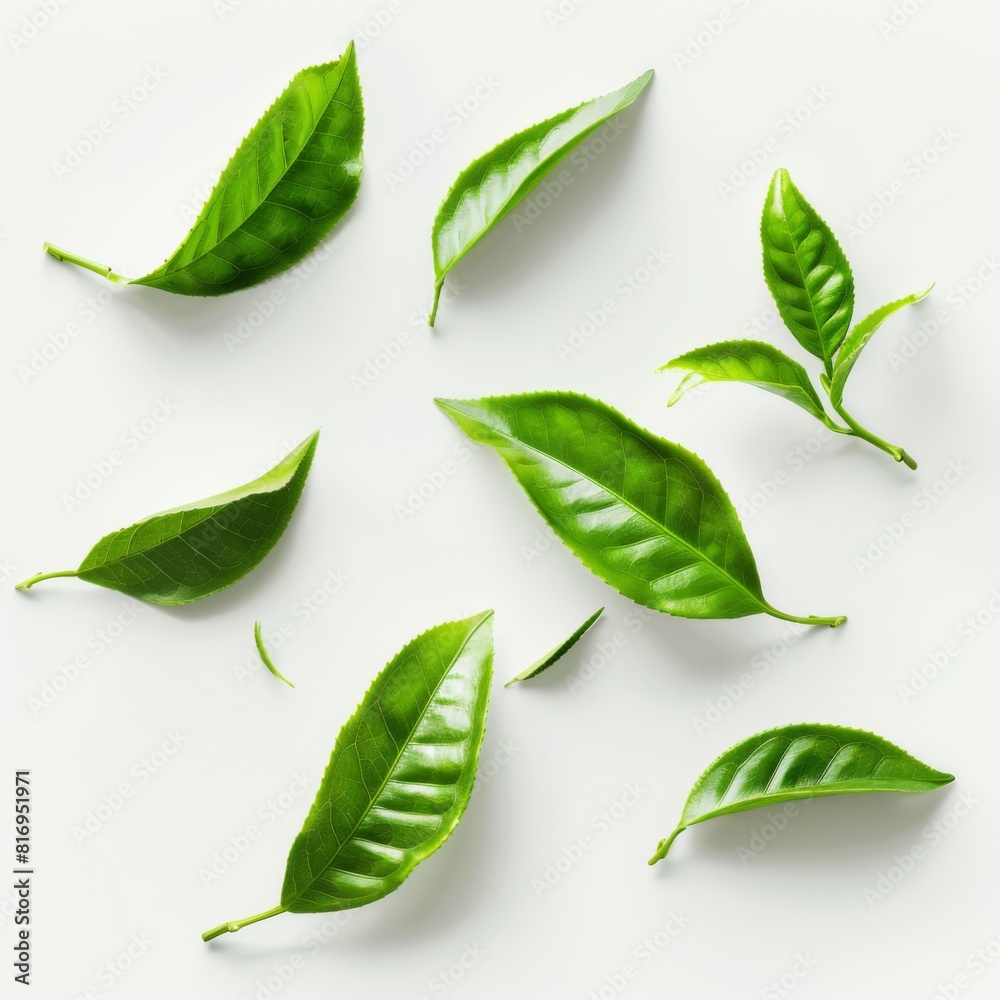 Fresh green tea leaves set against a clean white backdrop for graphic design purposes