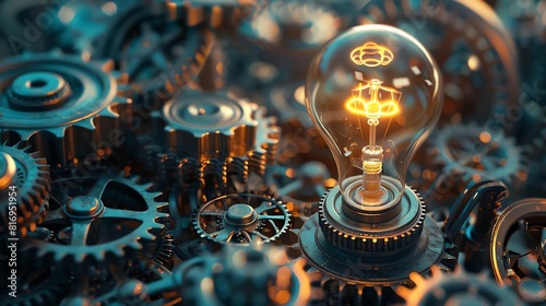 Systemic Ingenuity Visualize a 3D light bulb linked to a series of gears and mechanisms, representing the systematic process of turning creative ideas into innovative solutions photo