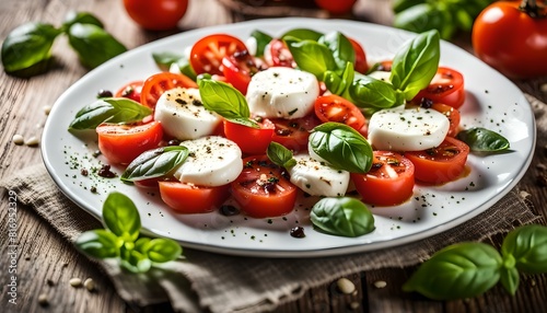 Caprese salad, delicious italian salad with mozzarela, basil, tomatoes, fresh olive oil, seasoned with pepper and salt
 photo