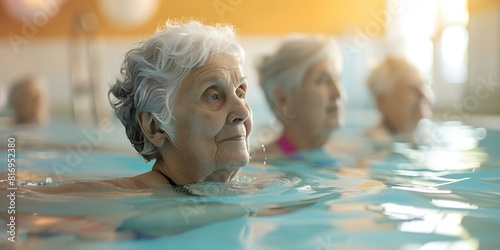 Elderly women stay active in nursing home pool for senior fitness. Concept Senior Fitness, Swimming, Nursing Home Activities, Elderly Wellness, Active Aging photo
