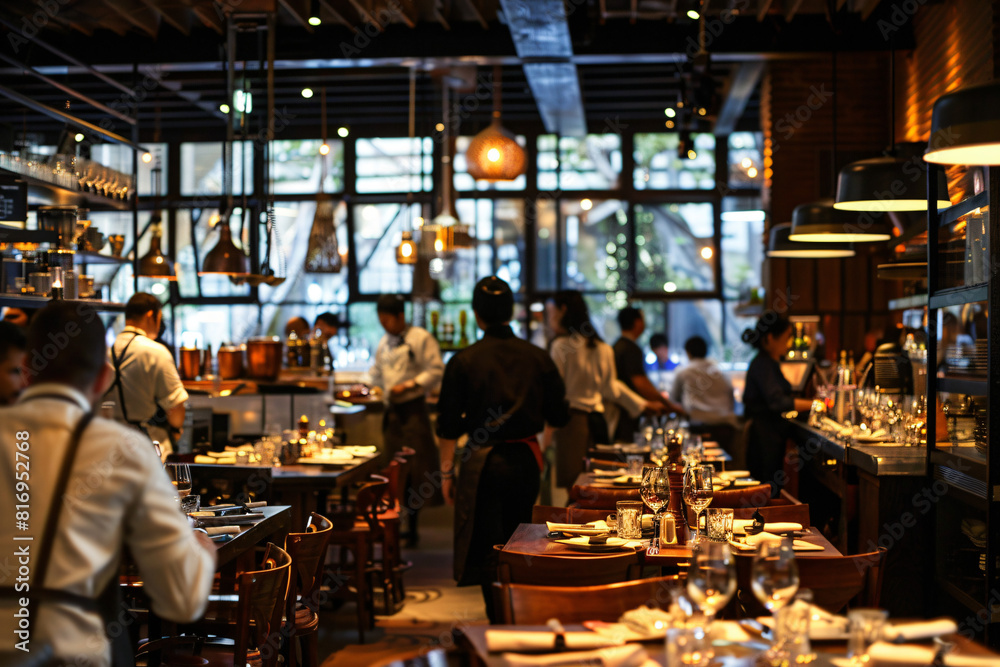 Blurred Restaurant Background with People - Generative AI. Blurred Restaurant Background with People - Generative AI.