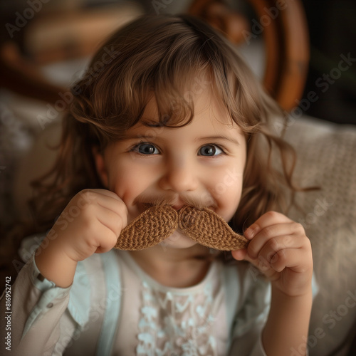 Little girl smiling and holding  fake moustache on stick and looking at camera. photo