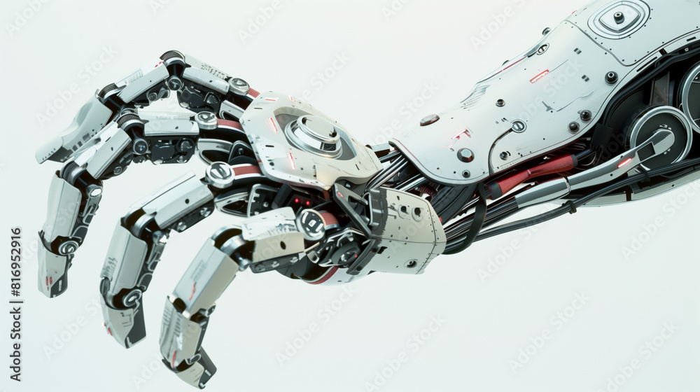 Detailed view of a futuristic robotic arm with intricate mechanical parts, wires, and joints, highlighting advanced technology and artificial intelligence design.