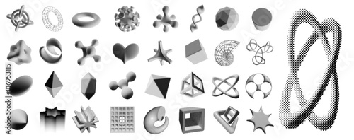 Halftone 3D figures. Retro monochrome volumetric shapes with halftone pattern texture. Y2k elements vector set