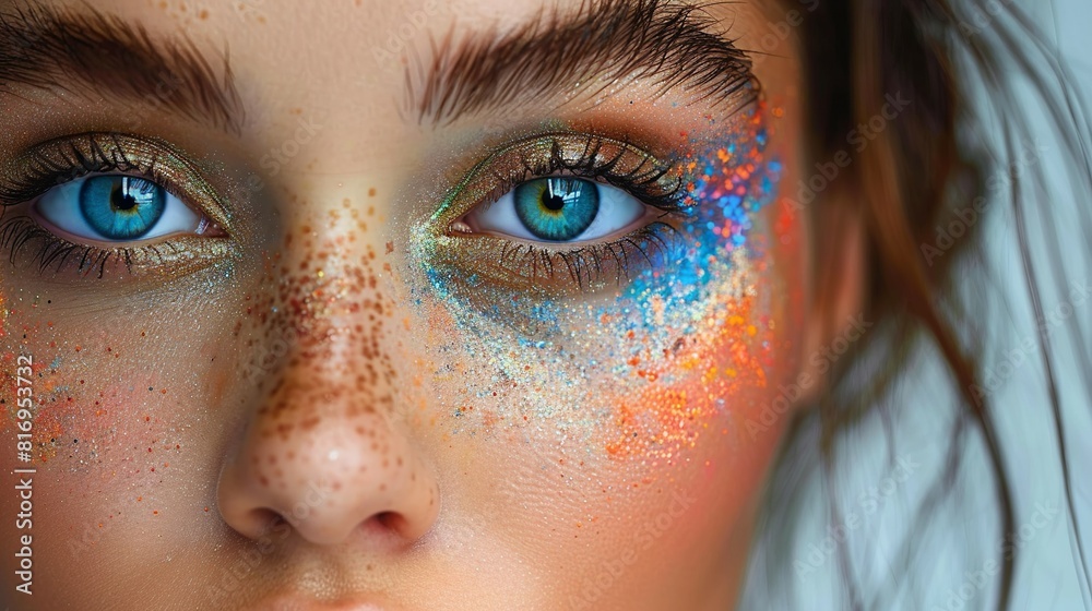 A woman with blue eyes and a colorful face paint A woman with blue eyes and a colorful face paint