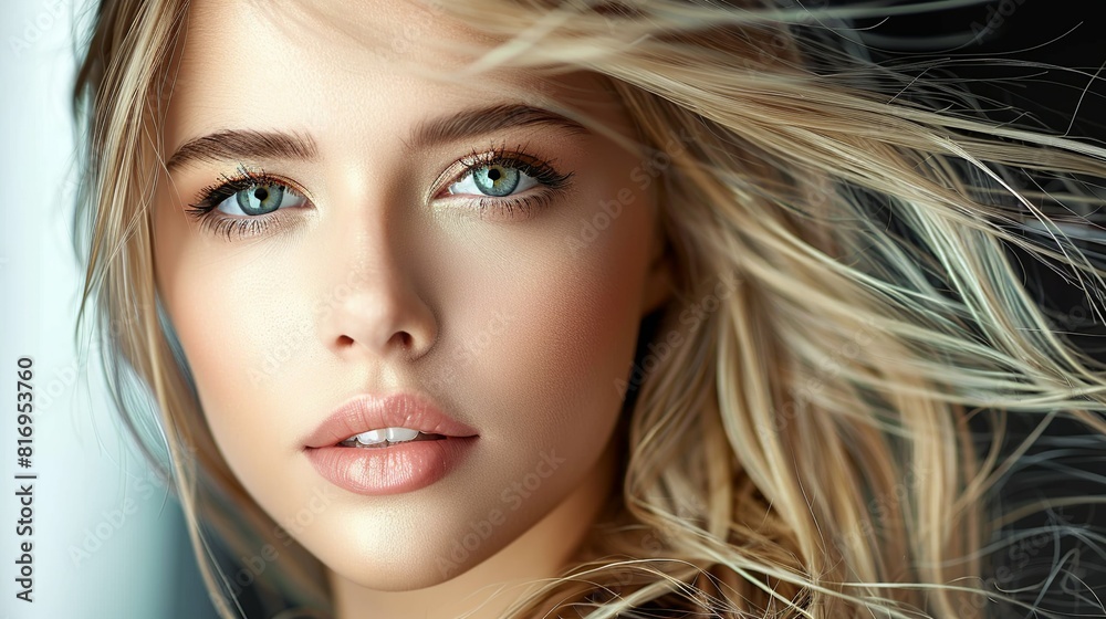 A woman with blonde hair and blue eyes is shown with a smile A woman with blonde hair and blue eyes is shown with a smile